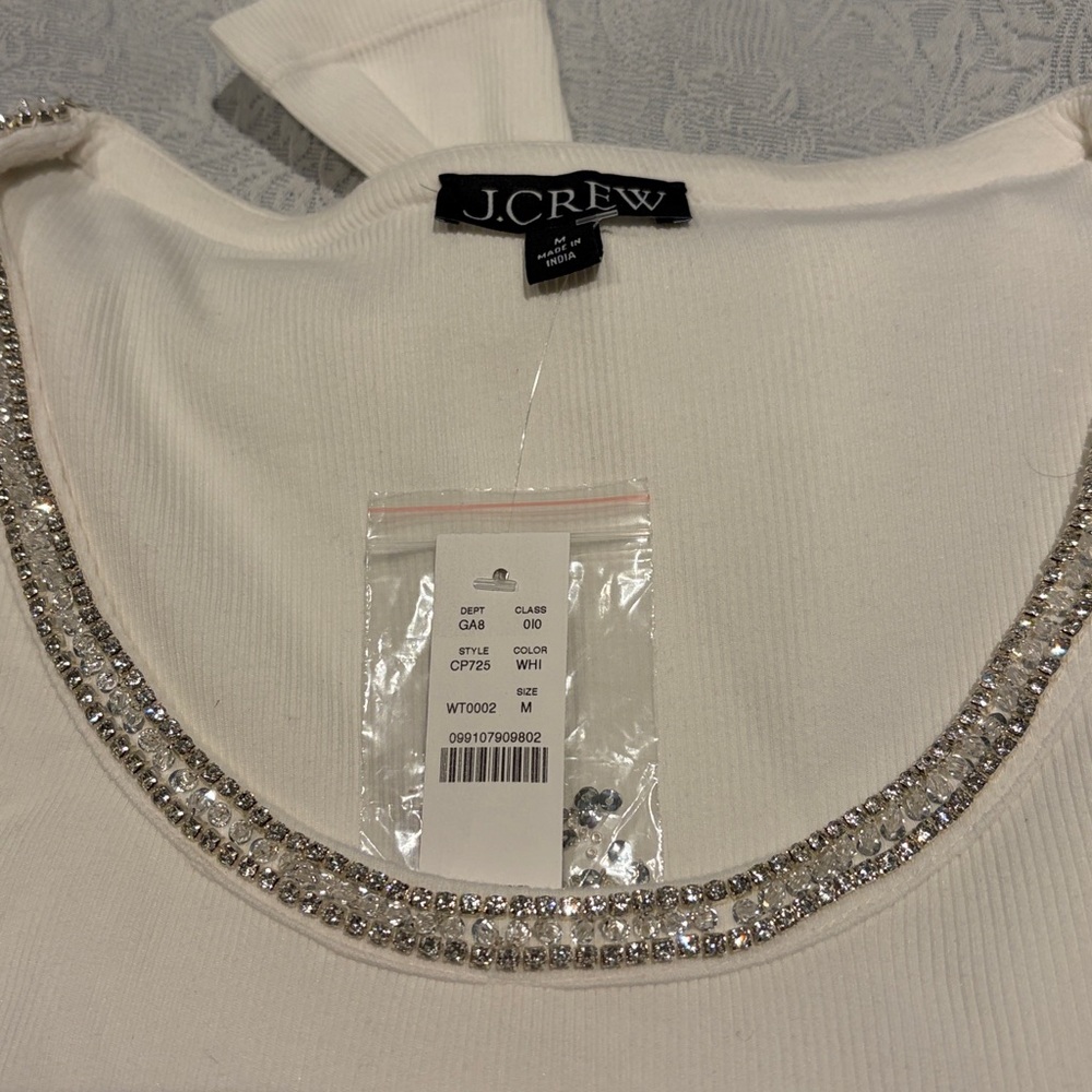 J. Crew Cream Long Sleeve Top with Embellished Neckline - Picture 2 of 3